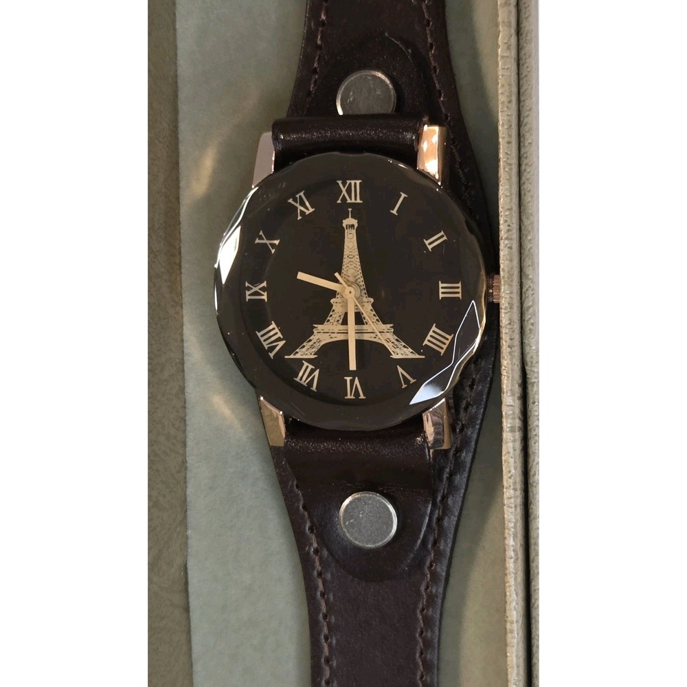 Vintage‎ Dark Brown Leather-Look Eiffel Tower Casual Wrist Watch